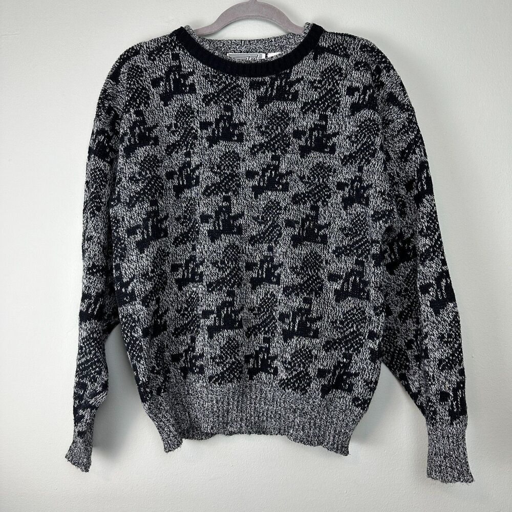 Vtg Crewneck Sweater Mens Large Grey Black Wool Blend Grandpa Biggie Cosby 90s